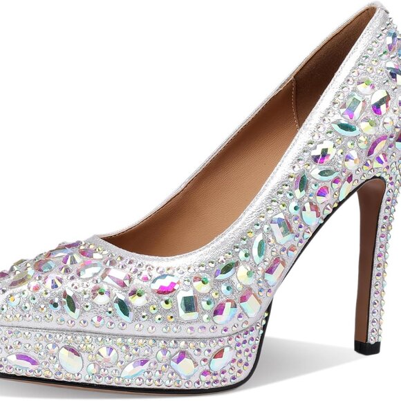 Platform Heels for Women Glitter Rhinestone Square Toe Chunky Pumps - Picture 1 of 6